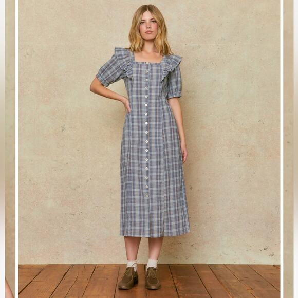 Christy Dawn NWT checkered patterned flutter sleeve tie back button down dress - Picture 1 of 9